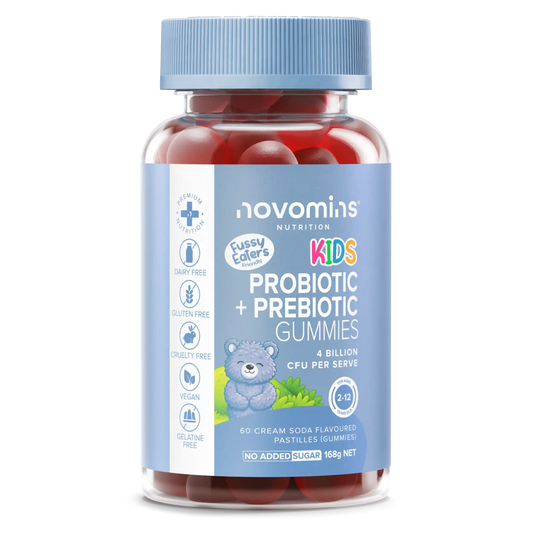 A bottle of Novomins Nutrition Fussy Eaters Kids Probiotic + Prebiotic Gummies, featuring red round gummies inside a clear bottle with a light blue cap and a light blue label.