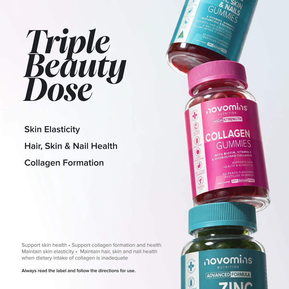 Three stacked bottles of novomins Triple Beauty Dose collagen and skin health gummies on a clean white background with promotional text.