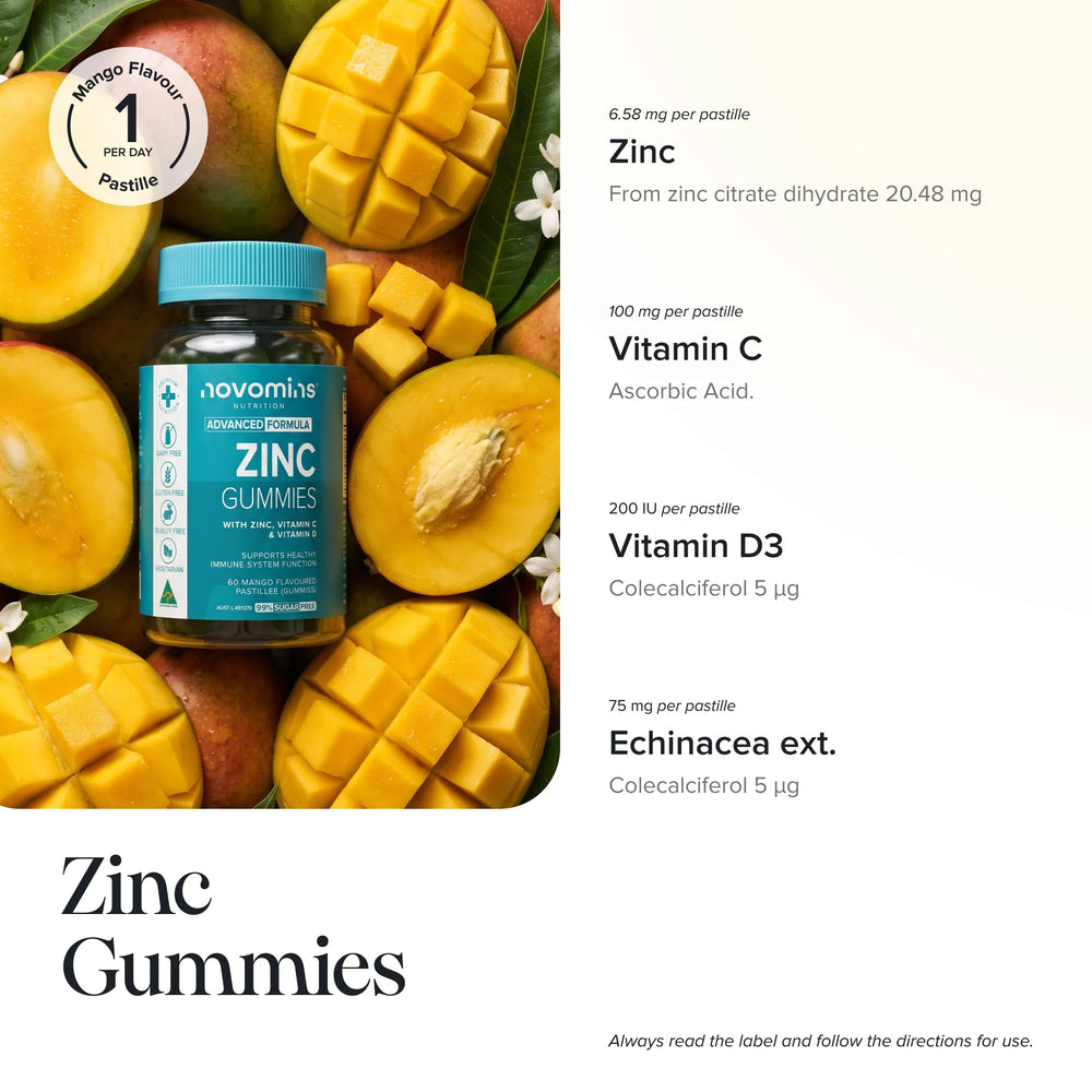 Novomis Nature's Zinc Gummies bottle displayed on a styled flat-lay background of fresh mangoes, with text detailing the ingredients and daily dosage on a cream-colored layout.
