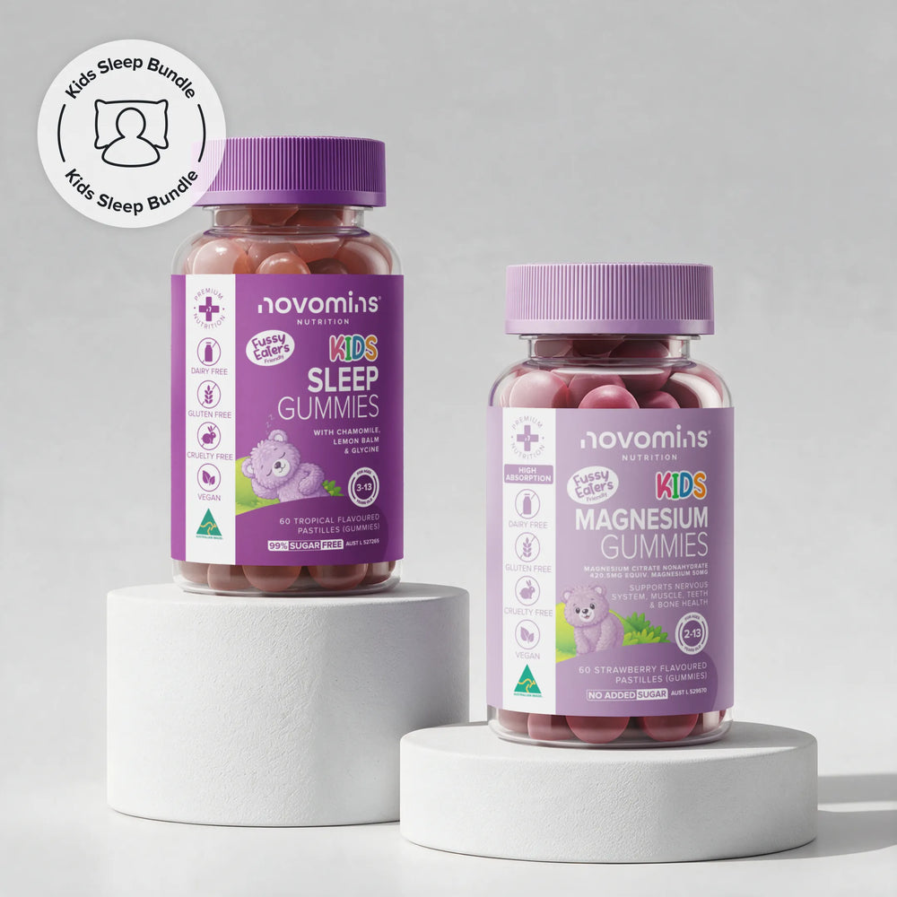 Kids Sleep Gummies and Kids Magnesium Gummies bottles on white pedestals, with a Kids Sleep Bundle badge