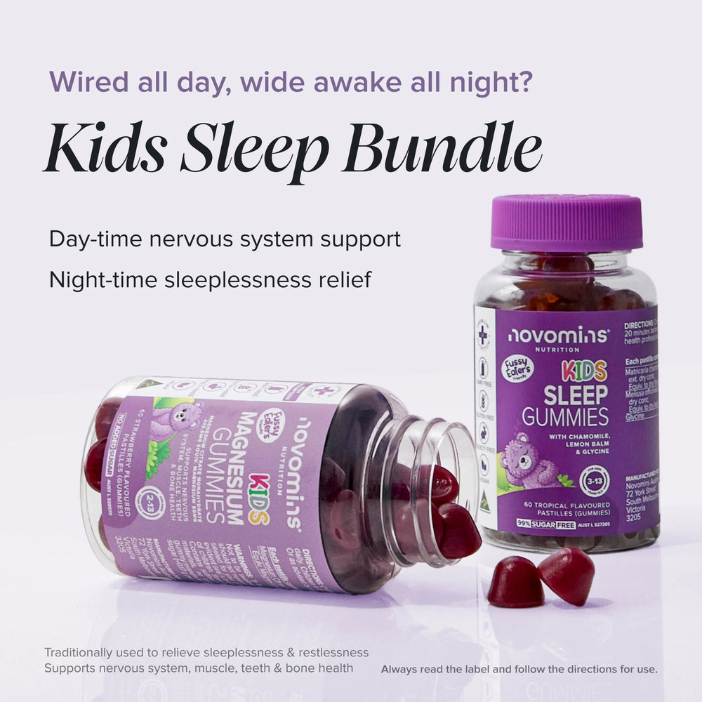 Kids Sleep Bundle graphic: an open Kids Magnesium Gummies bottle with gummies spilling out beside a Kids Sleep Gummies bottle, headed 'Wired all day, wide awake all night?'