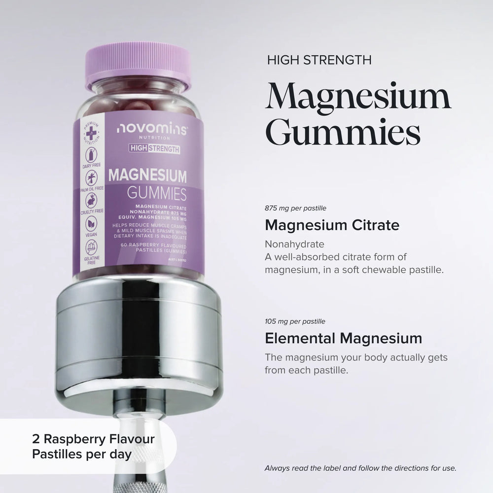 A bottle of novomins Non-Strength Magnesium Gummies with a purple cap and label, shown on a metallic stand against a light gray background with product details and text.