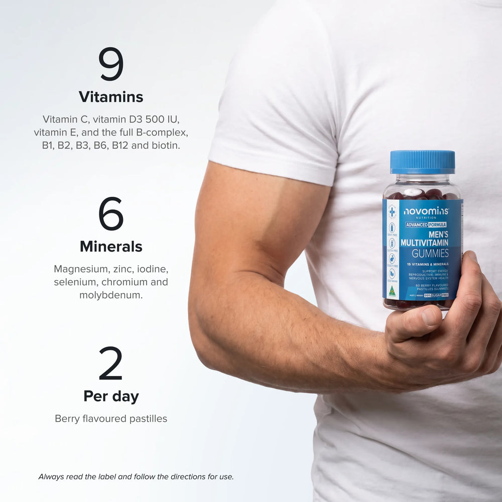 A man in a white t-shirt holds a bottle of novomix Multivitamin Gummies. The left side features text highlighting key benefits: 9 Vitamins, 6 Minerals, and 2 Per day.
