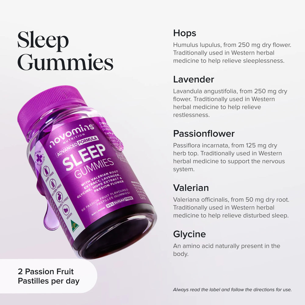 A bottle of Novomins Sleep Gummies is shown on a light gray background with text detailing the ingredients: hops, lavender, passionflower, valerian, and glycine. The bottle has a purple cap and label, and the text mentions 2 passion fruit pastilles per day.