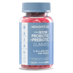 Bottle of Novomins probiotic & prebiotic gummies