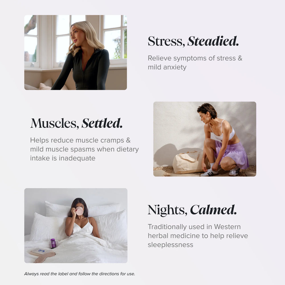 A promotional graphic with three panels showing a woman in different settings, accompanied by text claims: 'Stress, Steadled.' with a photo of her looking thoughtful by a window; 'Muscles, Settled.