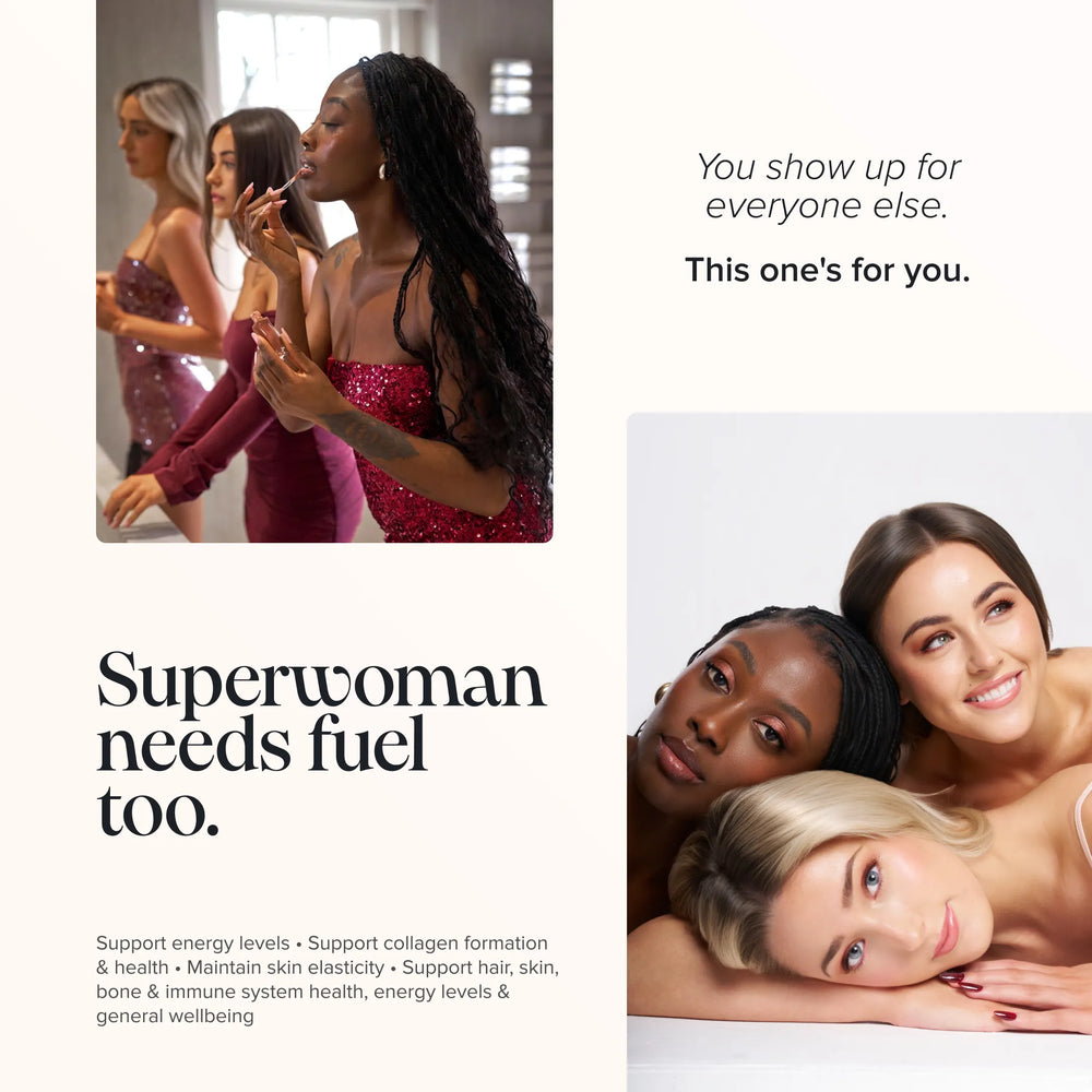A promotional graphic with text reading 'Superwoman needs fuel too.' and 'You show up for everyone else.