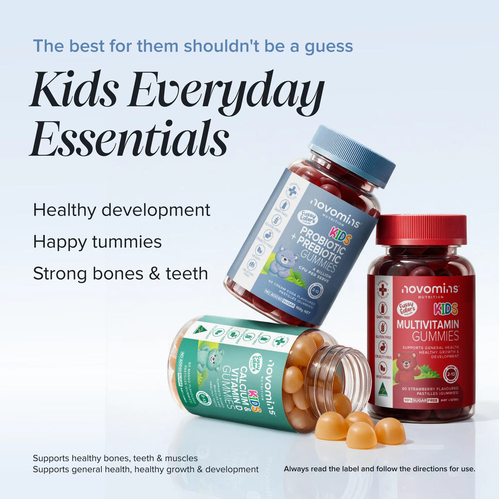 Kids Everyday Essentials graphic: Kids Probiotic, Kids Calcium & Vitamin D and Kids Multivitamin Gummies bottles, one tipped over with gummies spilling out, headed 'The best for them shouldn't be a guess'