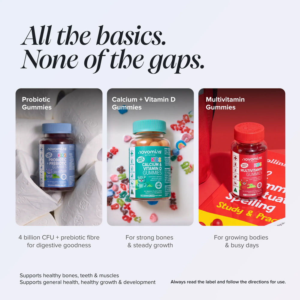 Three panels showing the Kids Probiotic, Kids Calcium & Vitamin D and Kids Multivitamin Gummies bottles in a bathroom, on a breakfast table and on a spelling workbook, headed 'All the basics. None of the gaps.'