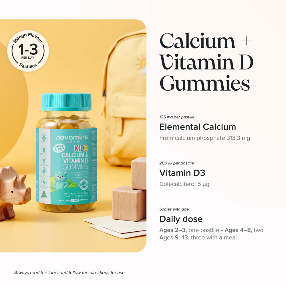 Kids Calcium & Vitamin D Gummies bottle beside a yellow backpack, wooden blocks and a toy dinosaur, with the calcium and vitamin D3 per pastille listed