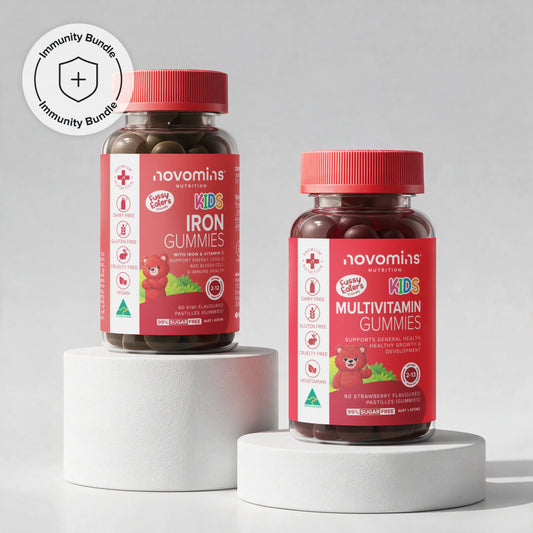 Kids Iron Gummies and Kids Multivitamin Gummies bottles on white pedestals, with a Kids Immunity Bundle badge