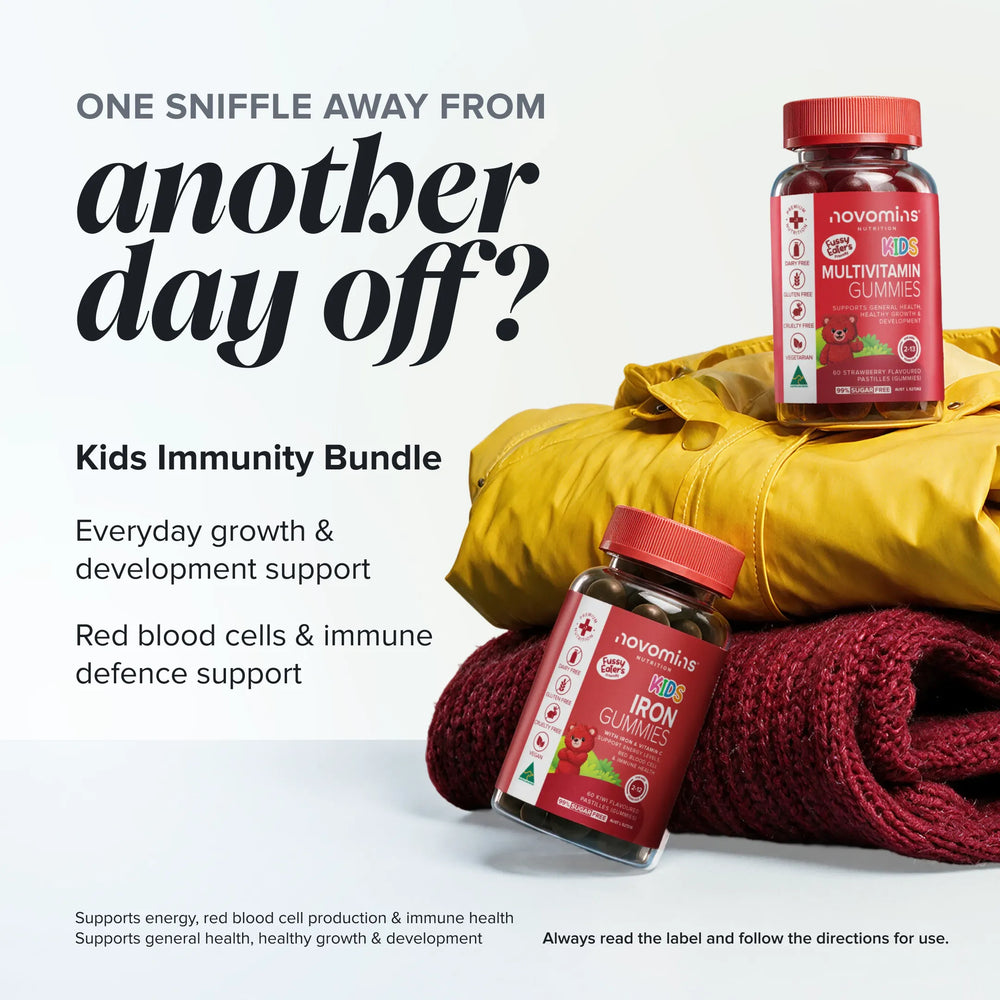 Kids Immunity Bundle graphic: Kids Multivitamin and Kids Iron Gummies bottles on a yellow raincoat and a red knitted jumper, headed 'One sniffle away from another day off?'
