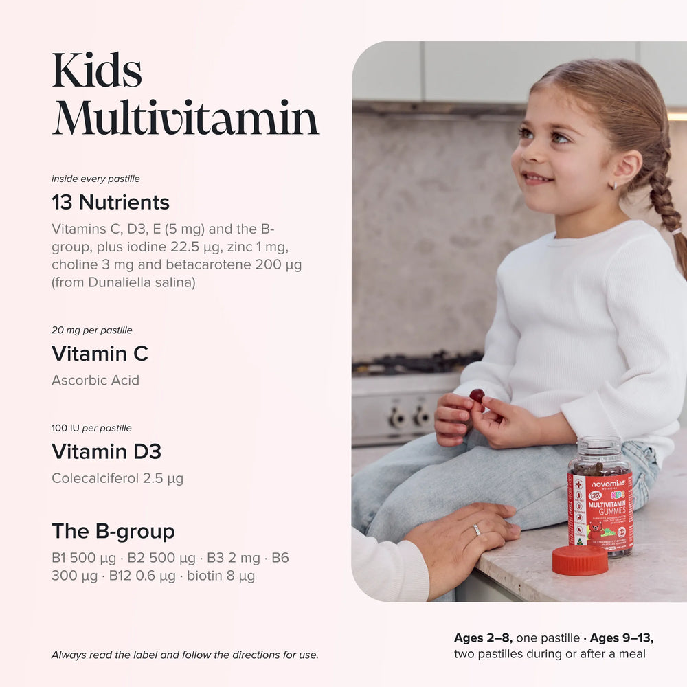 A child sitting on a kitchen bench holding a gummy beside a Kids Multivitamin Gummies bottle, with the 13 nutrients per pastille listed