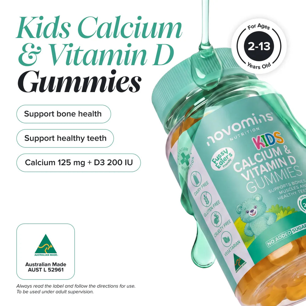 A bottle of Novomins Kids Calcium & Vitamin D Gummies shown on a white background with promotional text, droplets of mint green liquid, and an Australian Made badge.