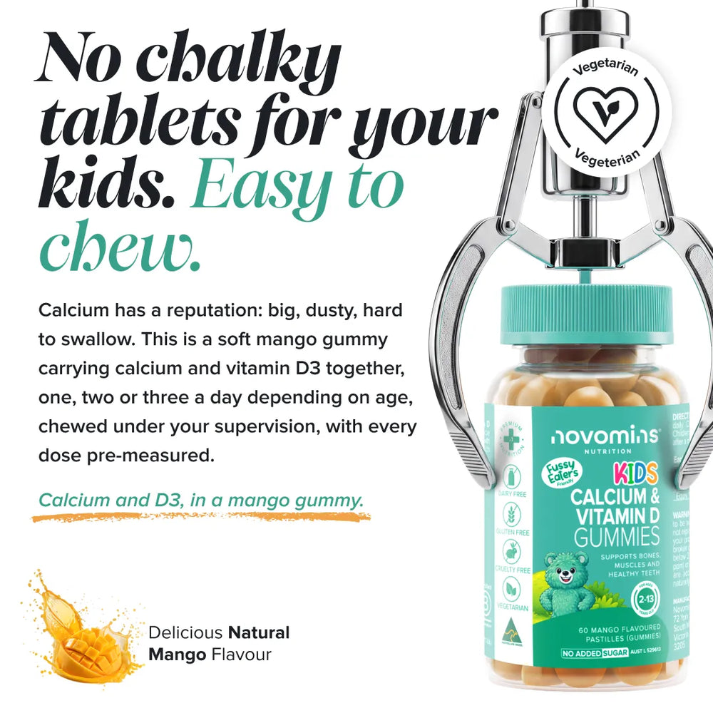 A bottle of novomin Nutrition Kids Calcium & Vitamin D Gummies held by a metallic claw gripper on a white background, with marketing text highlighting easy-to-chew soft mango gummies.