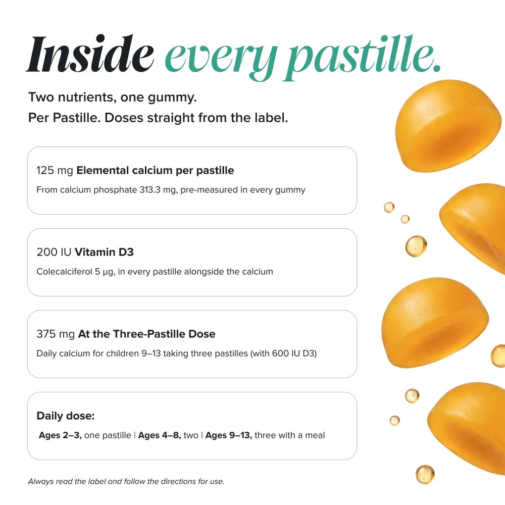An informational graphic for a vitamin gummy product. The text reads 'Inside every pastille.