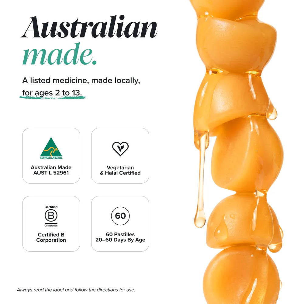 Promotional graphic for a locally made medicine product on a white background, featuring the text 'Australian made' and several certification and age-related icons, alongside a vertical close-up of glossy amber-orange capsules or tablets dripping with translucent liquid.
