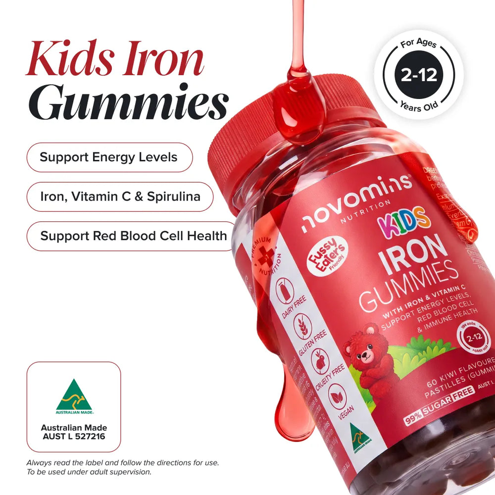 A bottle of novomins Kids Iron Gummies shown on a white background with promotional text, age badge, Australian Made badge, and syrup dripping from the cap. The bottle is red with a red label and a bear illustration.