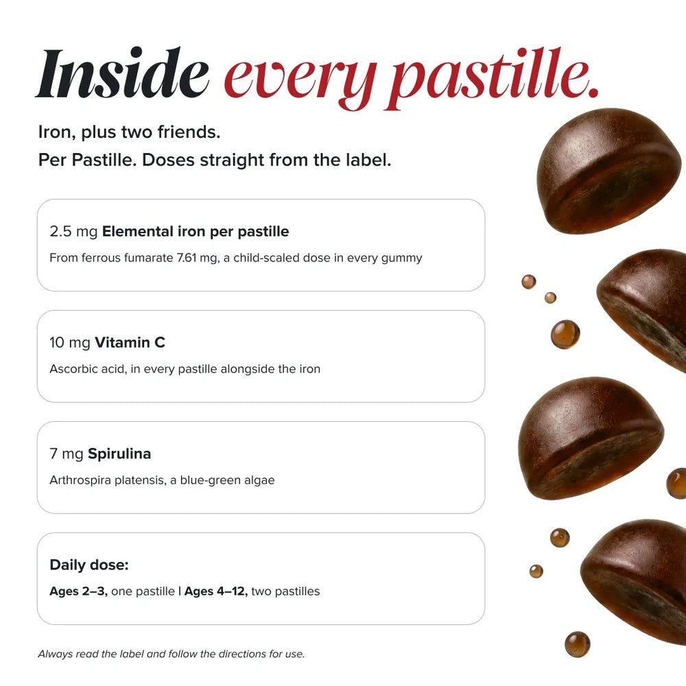 An informational graphic for a dietary supplement called 'Inside every pastille.' It features text detailing the contents of a single pastille, including 2.