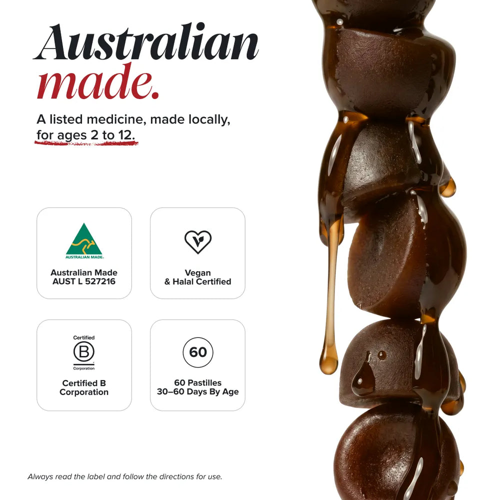 Promotional product graphic for a liquid supplement or medicine product. The left side features text reading 'Australian made.