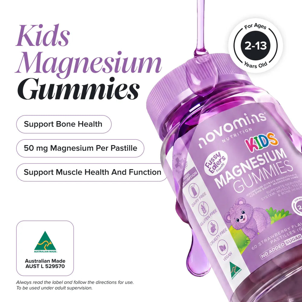 A bottle of Novomin Kids Magnesium Gummies shown on a white background with promotional text. The bottle is purple with a cartoon bear illustration on the label and a purple liquid droplet dripping from the top.