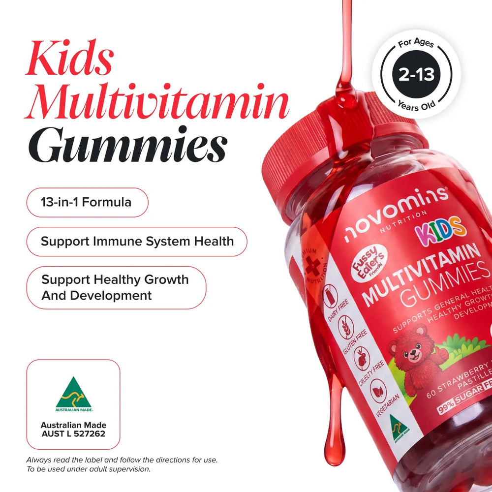 Novominis Kids Multivitamin Gummies bottle on a white background with promotional text, age badge, Australian Made logo, and a red liquid drip effect on the bottle.
