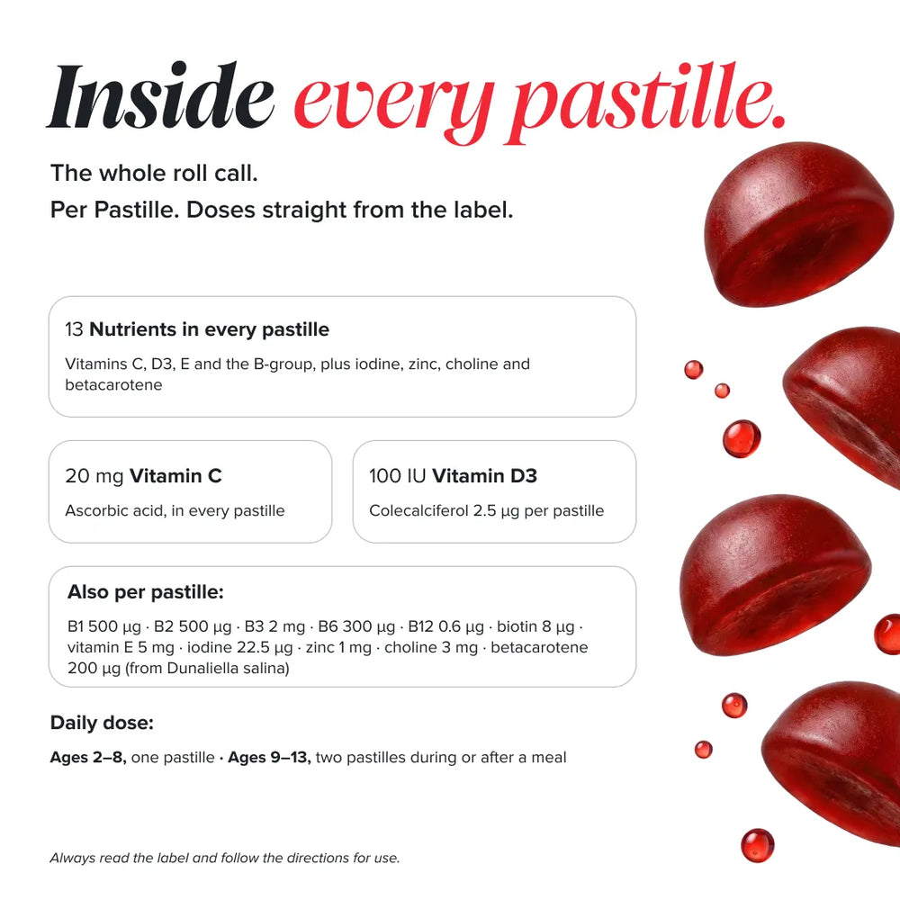 An informational graphic on a white background with the headline 'Inside every pastille.' in black and red text.