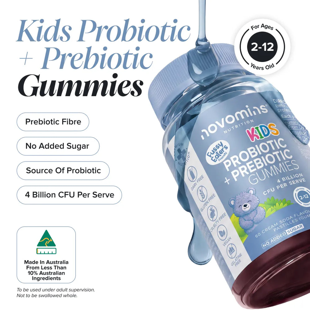 A bottle of novomins Kids Probiotic + Prebiotic Gummies shown on a white background with marketing text, droplets of gummy candy dripping from the cap and bottle, and feature callouts including prebiotic fibre, no added sugar, source of probiotic, and 4 billion CFU per serve.