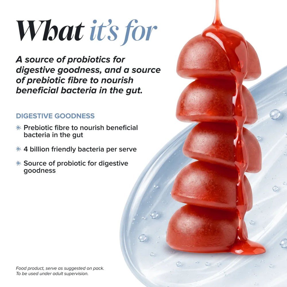 A food product shot showing glossy red probiotic capsules stacked inside a clear, translucent capsule, with red liquid dripping from the top. Large text on the left reads 'What it's for' with bullet points about digestive goodness and prebiotic fibre benefits.