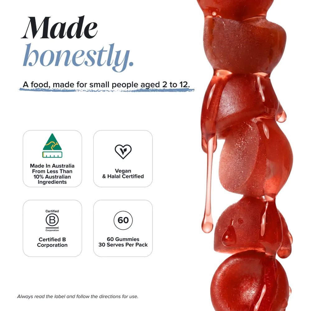 A promotional graphic for a gummy candy product on a white background. The right side shows a close-up of glossy red heart-shaped gummies with a dripping effect.