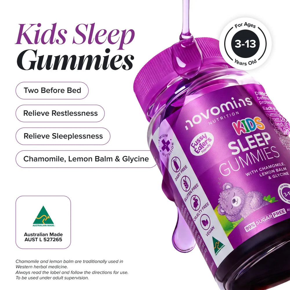 A bottle of Novomin Kids Sleep Gummies with a purple cap and purple label, shown on a white background with product benefits, age rating, Australian Made badge, and a decorative droplet of gummy syrup.