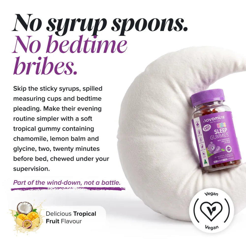 A bottle of novarnise 10mg Sleep Gummies placed on a white pillow, with promotional text reading 'No syrup spoons. No bedtime bribes.