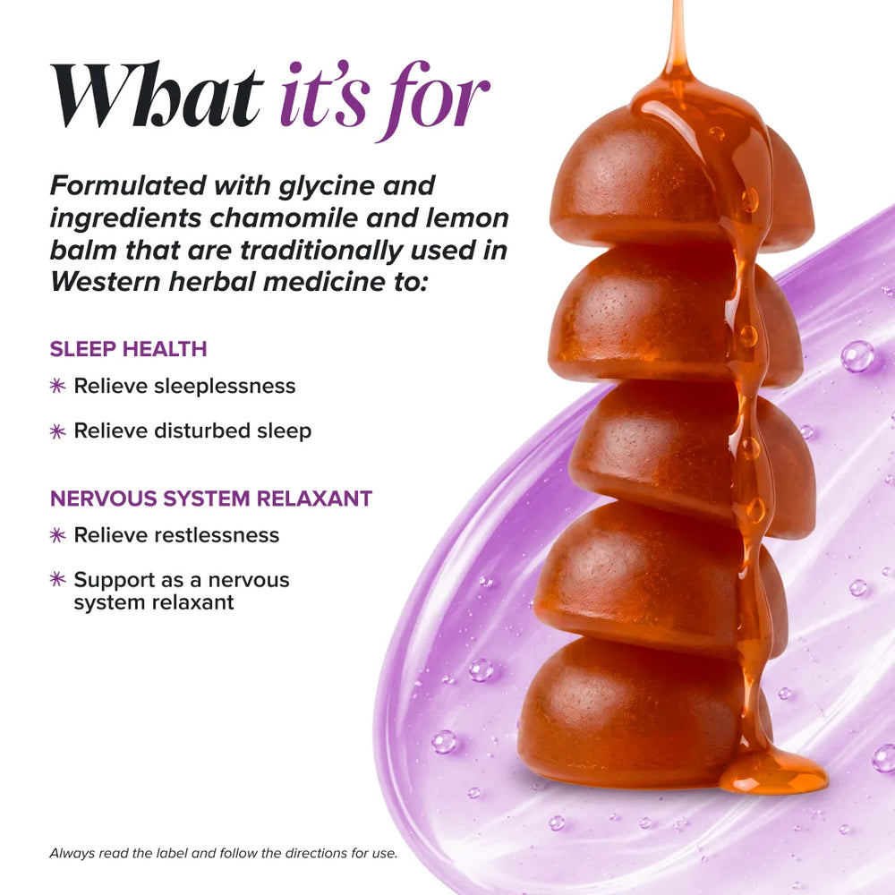 A product information graphic for a herbal sleep aid. The left side features black and purple text detailing the product's benefits for sleep health and nervous system relaxation, while the right side displays a stack of amber-brown gummy candies with amber syrup dripping down them on a purple and white background.