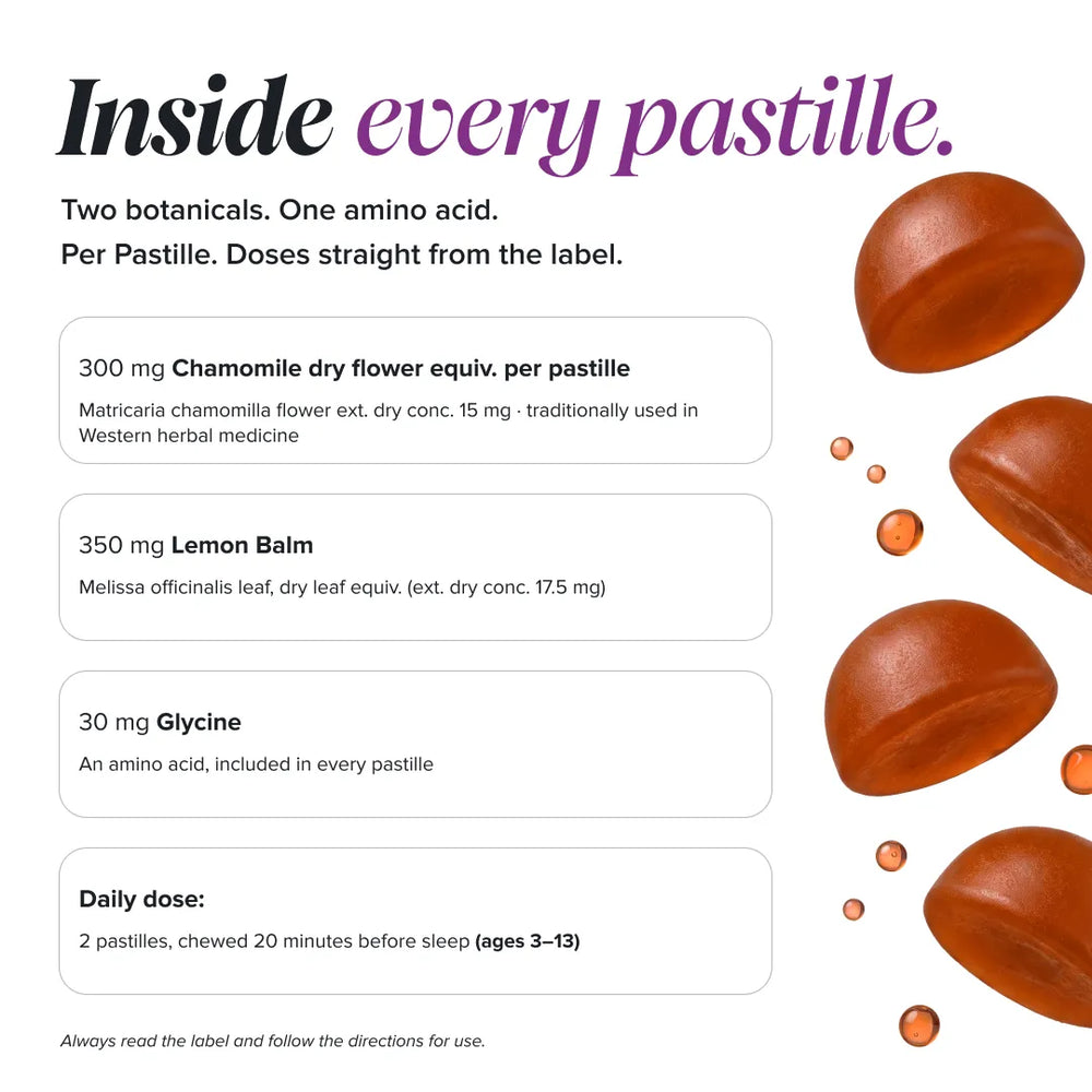 An informational graphic titled 'Inside every pastille.' on a white background, describing ingredients and daily dose for a herbal supplement.