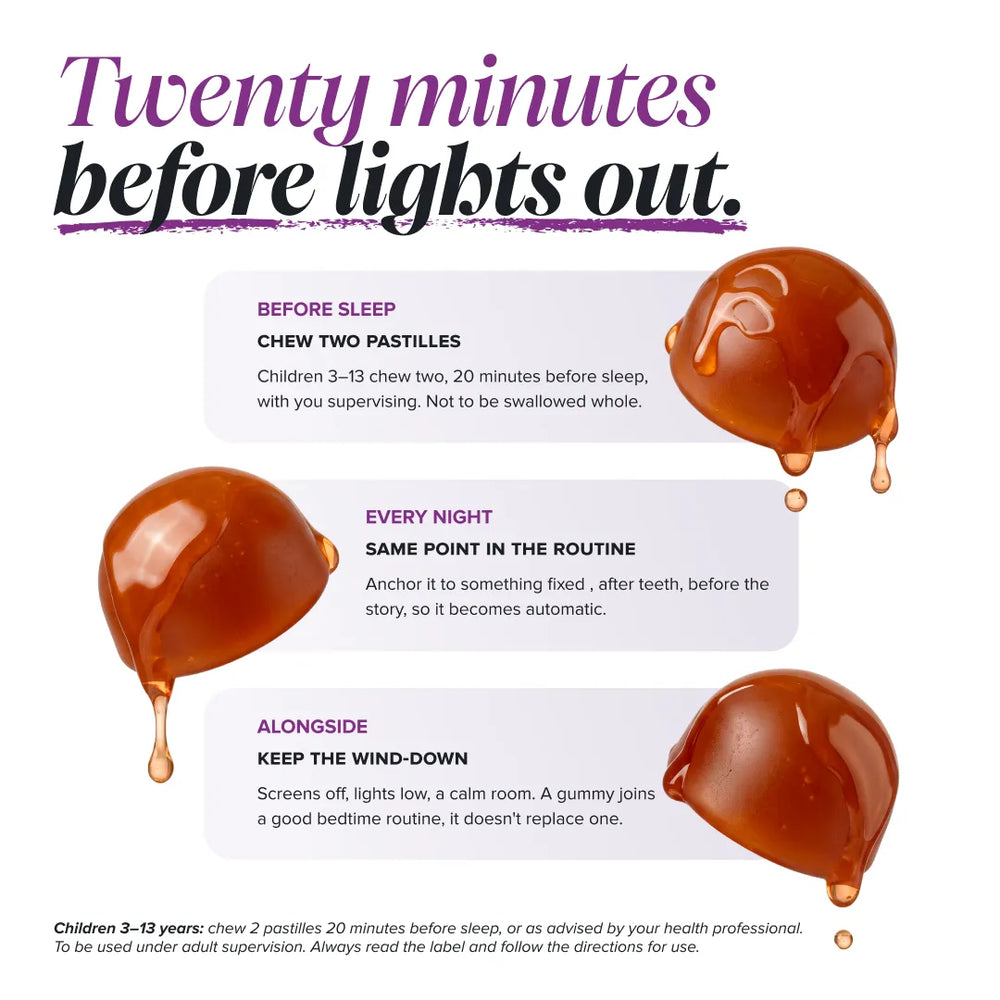 An informational graphic for a children's sleep aid product. The headline reads 'Twenty minutes before lights out.