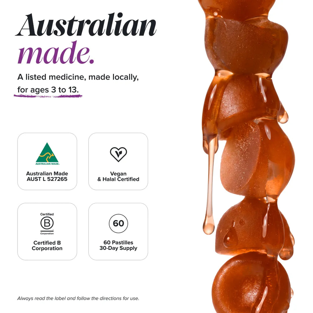 Promotional graphic for a postpile medicine product with the headline 'Australian made.' and supporting text about local manufacturing, vegan and halal certification, and a 60 postpile 30-day supply.