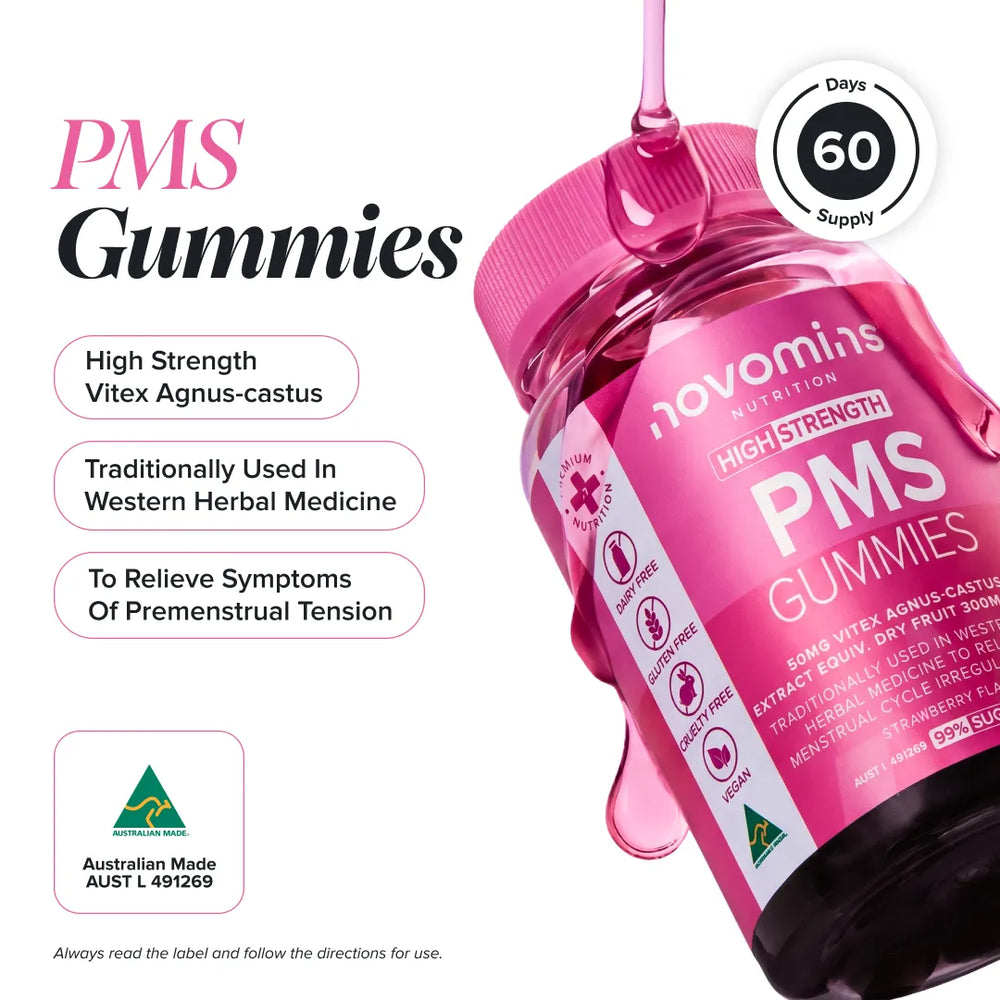 A bottle of novomins Nutrition PMS Gummies with pink liquid dripping from the cap, shown on a white background with marketing text, a 60-day supply badge, and an Australian Made logo.