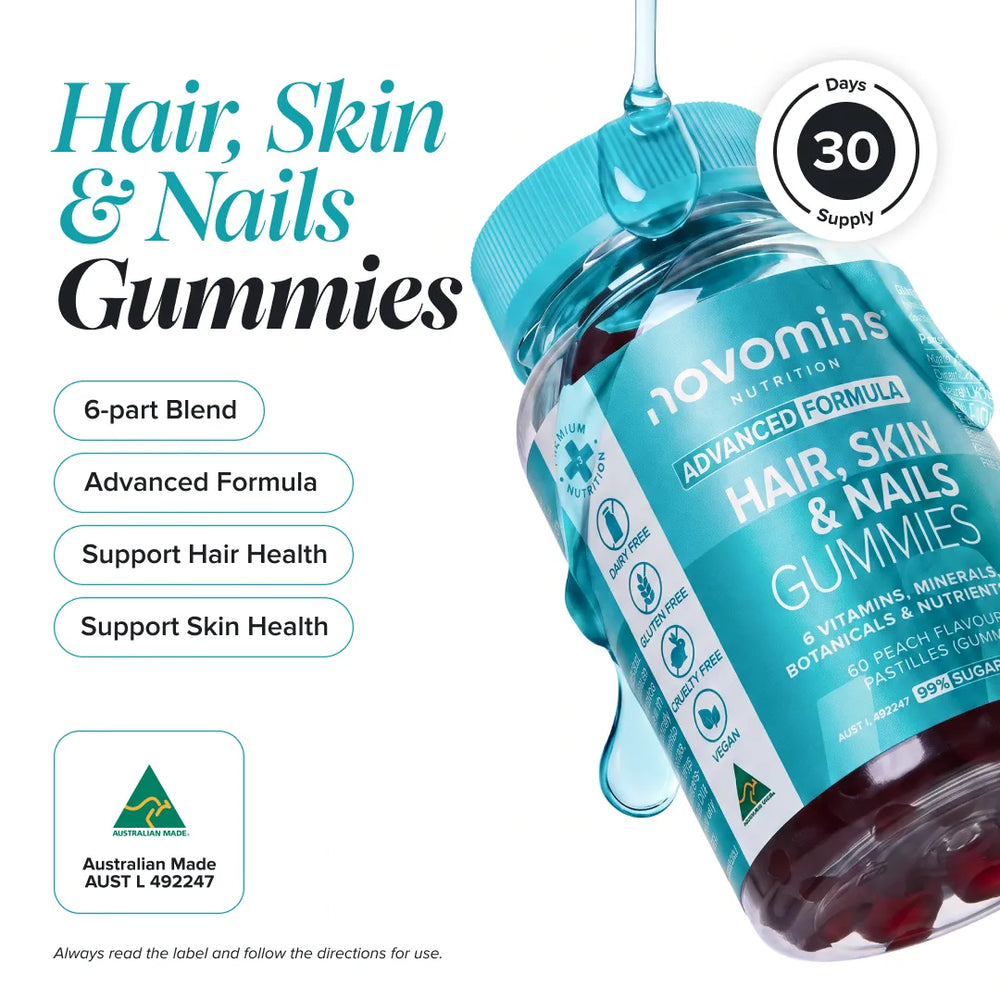 A bottle of novomin's Nutrition Hair, Skin & Nails Gummies shown at an angle with a droplet dripping from the cap. The label is teal and white, and the bottle contains dark red gummies.