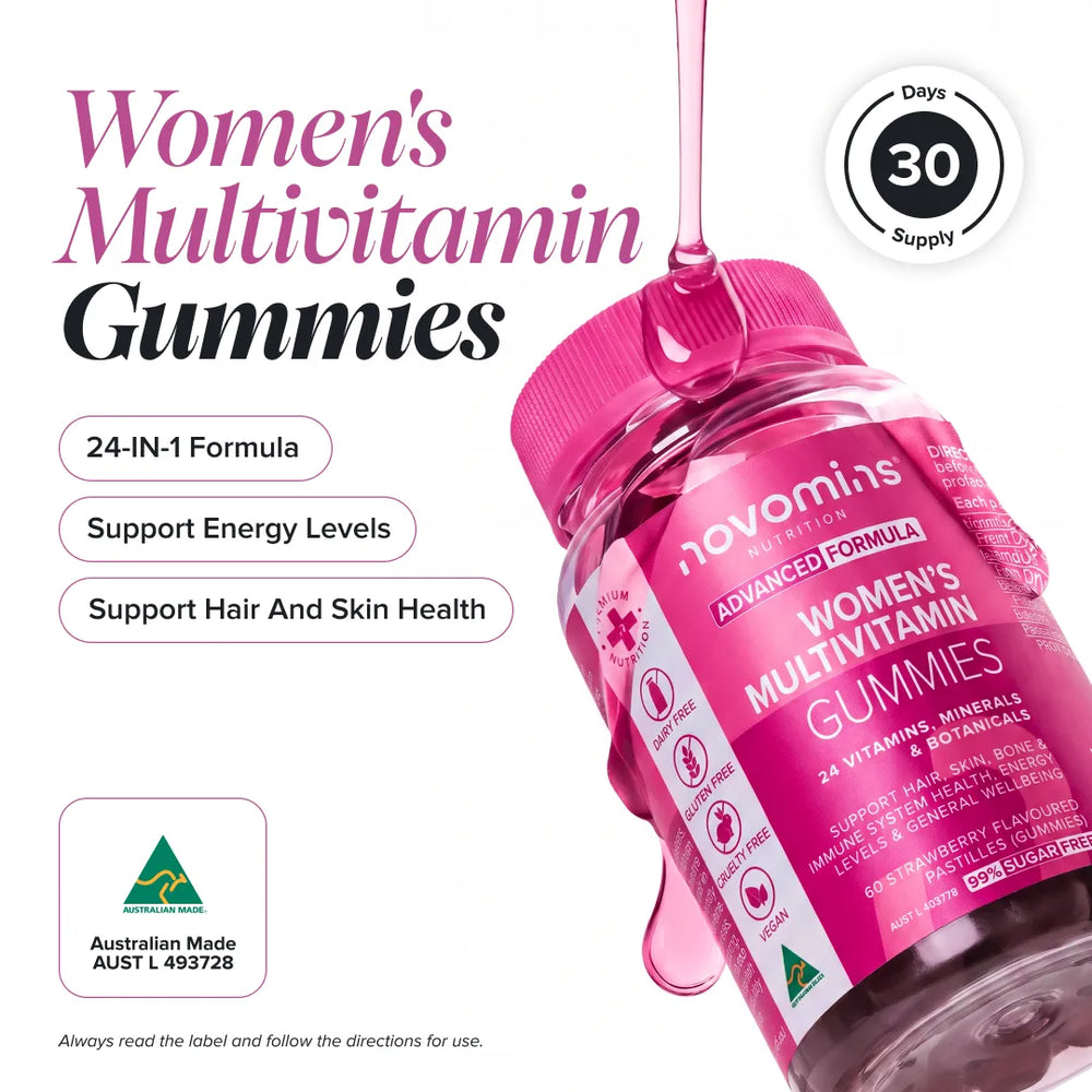 Novomins Women's Multivitamin Gummies bottle with a bright pink cap and label, shown on a white background with promotional text, a 30-day supply badge, Australian Made certification, and a decorative liquid drip effect.