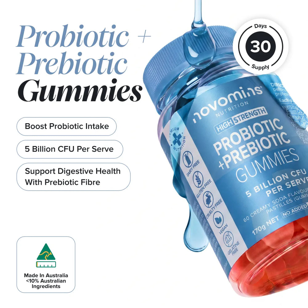 A bottle of Novomins Nutrition Probiotic + Prebiotic Gummies shown on a white background with marketing text, a '30 Days Supply' badge, and a 'Made in Australia' icon.