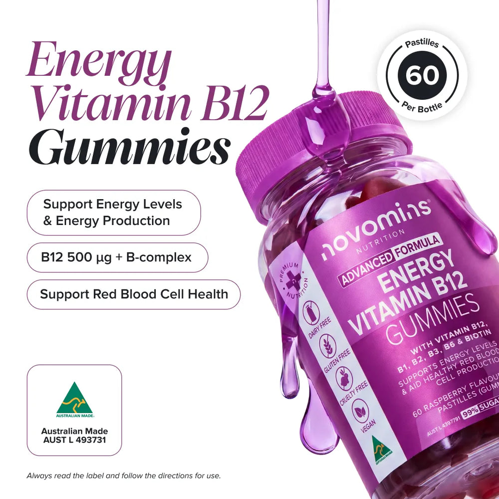 A bottle of novomin's Energy Vitamin B12 Gummies with purple liquid dripping from the cap, shown on a white background with product benefits and an Australian Made badge.