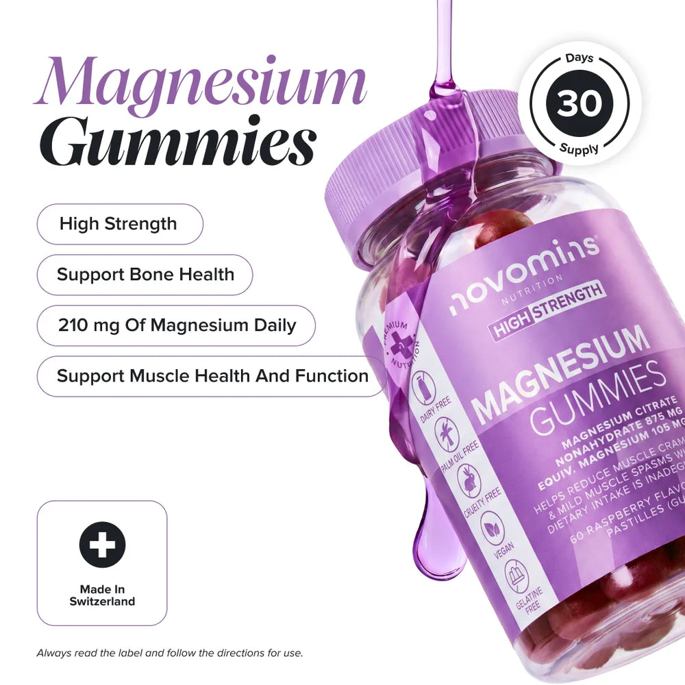 A bottle of Novominis Magnesium Gummies shown on a white background with promotional text, benefit callouts, a '30 Days Supply' badge, and a 'Made in Switzerland' icon. The bottle is purple with dark red gummies visible inside.