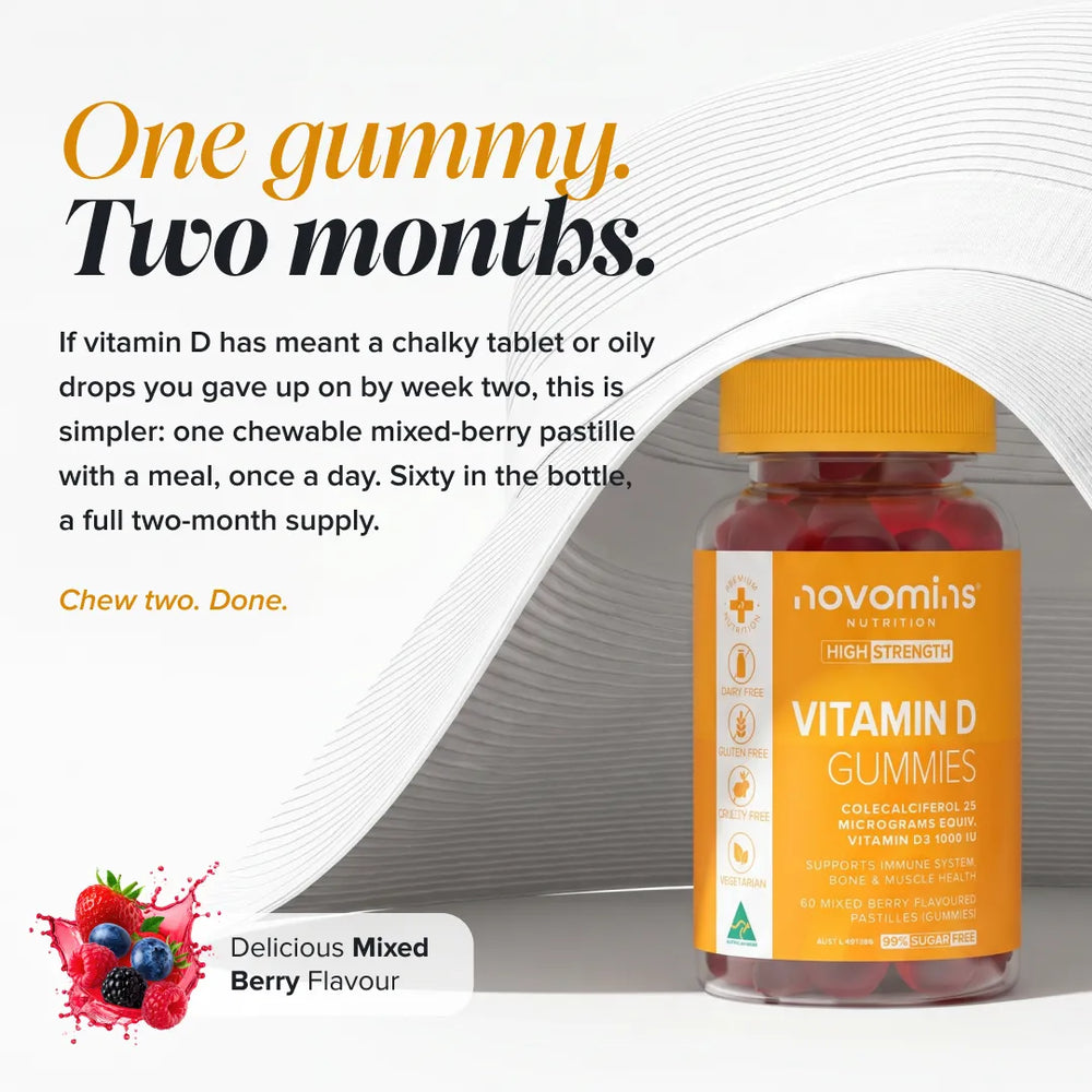 A bottle of Novominis Vitamin D Gummies with a bright orange label and yellow cap, shown on a clean white background with promotional text reading 'One gummy. Two months.