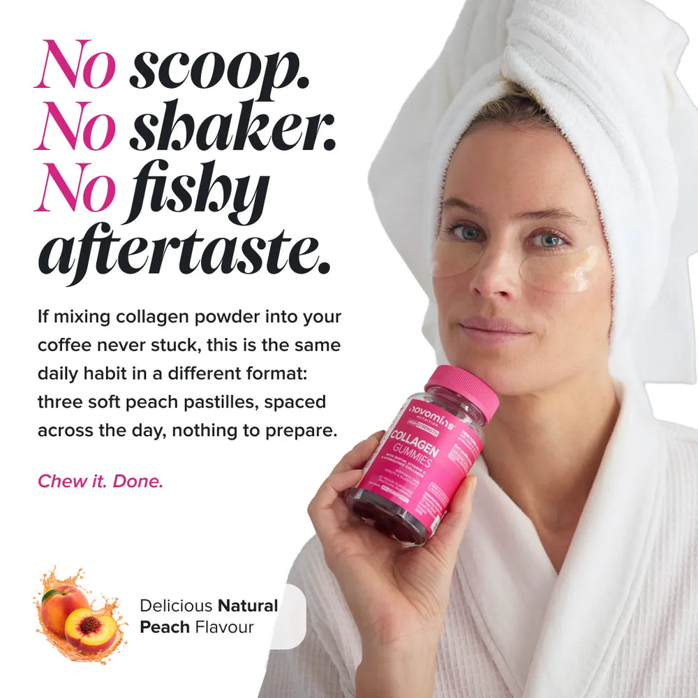 A woman in a white robe and towel wrap holds a bottle of collagen supplements while promotional text on the left reads 'No scoop. No shaker.