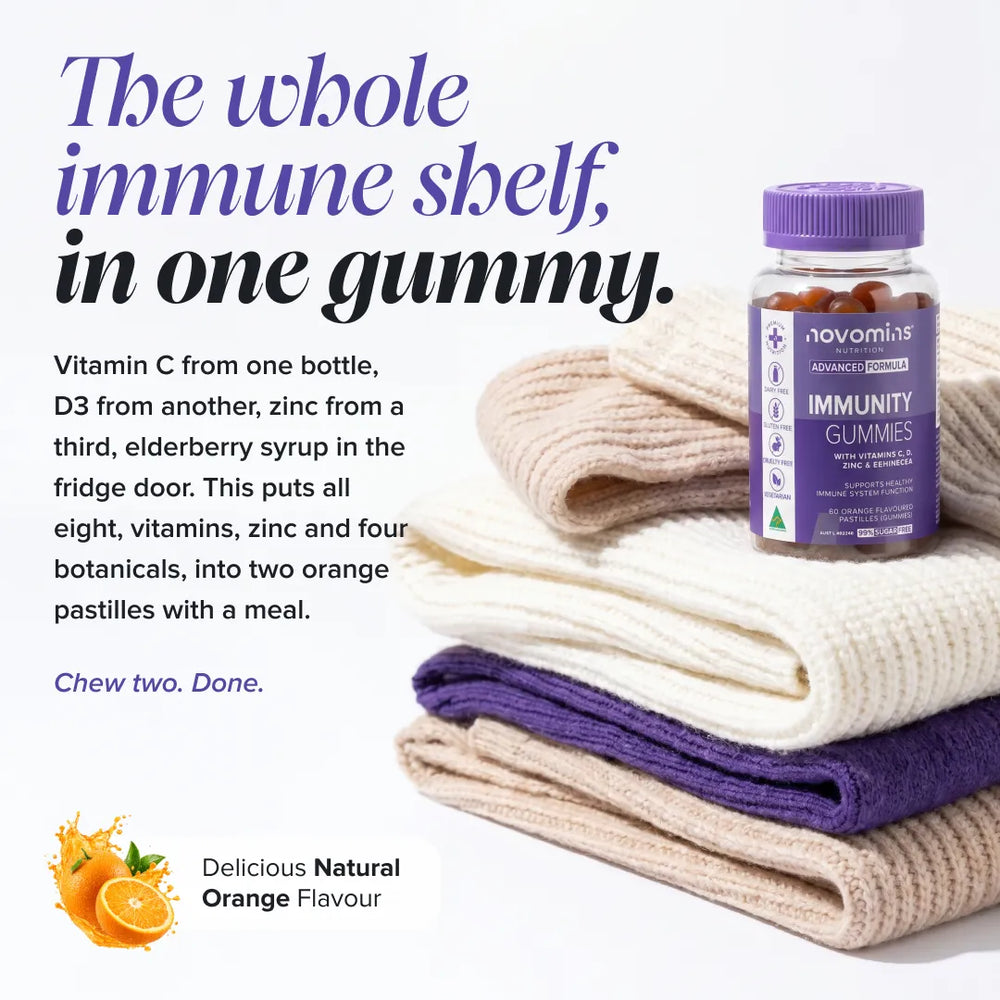 A bottle of novomintas Immunity Gummies placed on top of folded cream and purple knit blankets, with large promotional text on the left and a small orange-flavour icon at bottom left.