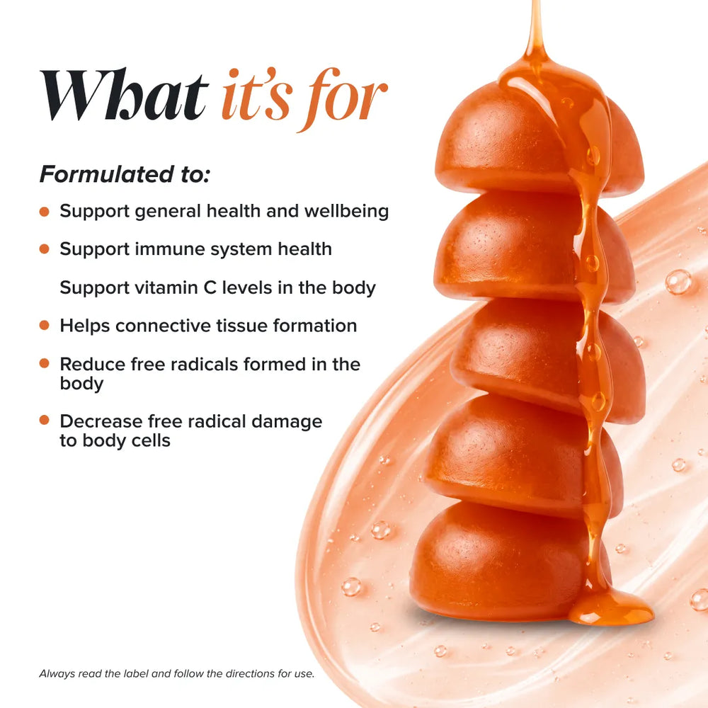 Promotional graphic for a honey-based supplement or beauty product, featuring a stack of amber honey droplets dripping with orange honey on a white background, alongside text reading 'What it's for' and a bulleted list of benefits.