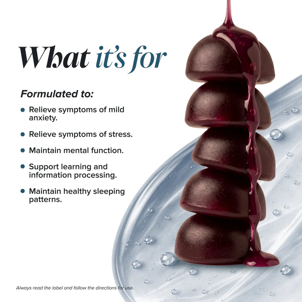 Promotional graphic with the text 'What it's for' and bullet points about relieving mild anxiety, stress, maintaining mental function, supporting learning, and helping sleep patterns. The right side shows a glossy dark red wax-seal style stack of rounded shapes over a translucent icy blue surface with water droplets.