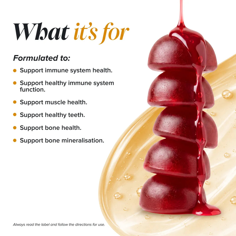 Promotional graphic for a health supplement or honey product with the headline 'What it's for' and a list of formulated benefits: immune system health, immune system function, muscle health, teeth, bone health, and bone mineralisation. The right side shows glossy dark red honey dripping over a gold honeycomb shape on a white background.