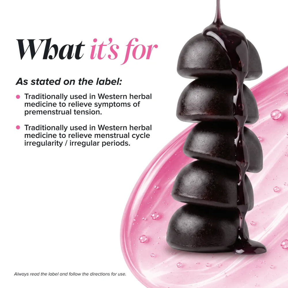A product informational graphic with text reading 'What it's for' and usage claims, alongside a glossy dark purple-black capsule-like pill stack dripping with dark liquid over a pink swirled background.