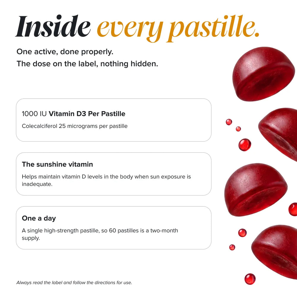 An informational product graphic for Inside every pastille. It features text detailing the vitamin D3 content of each pastille and the daily dosage, alongside artistic illustrations of red, glossy vitamin D3 discs and floating droplets on a clean white background.